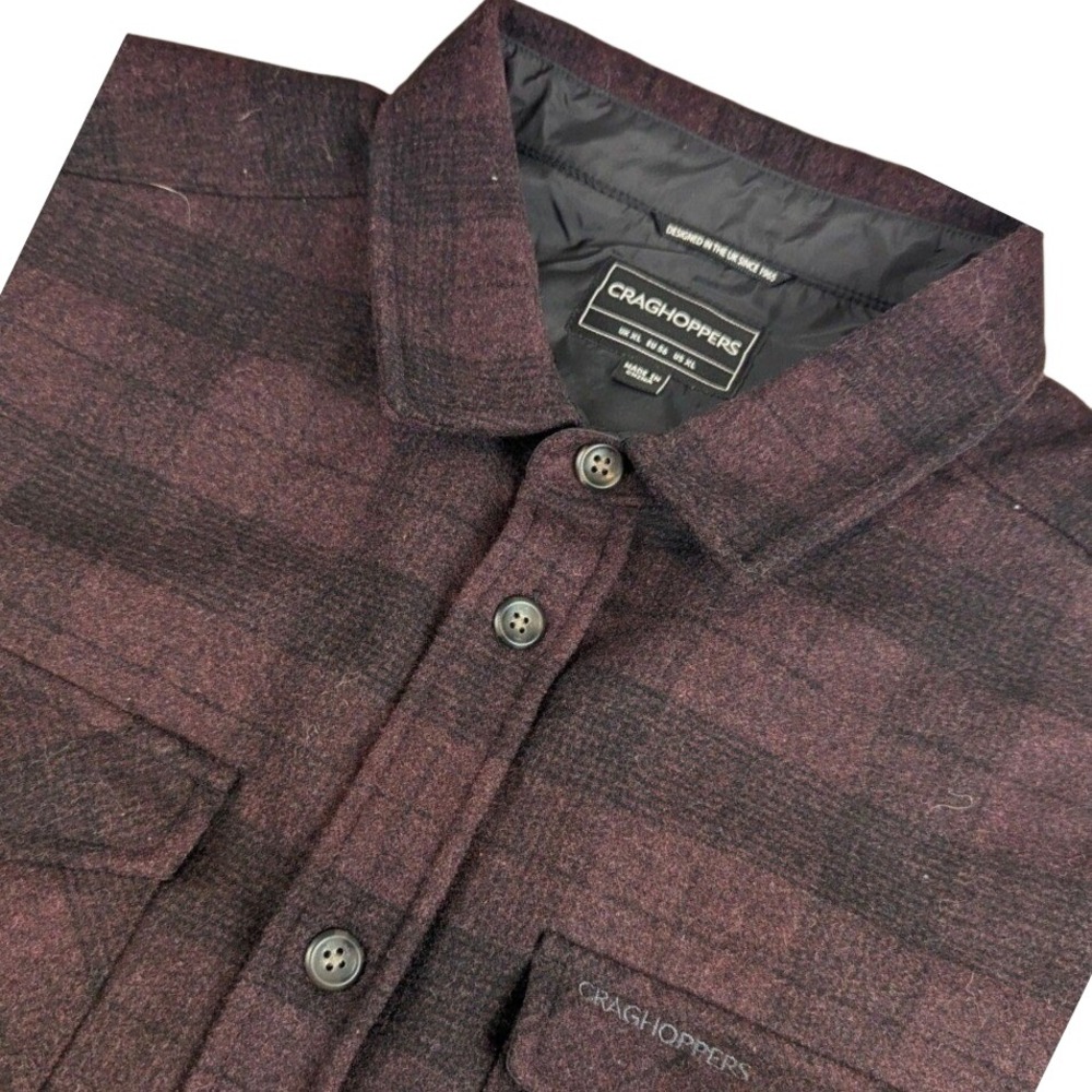 Craghoppers Mens XL Plaid Wool Blend Button Down Shirt Shacket Burgundy Black